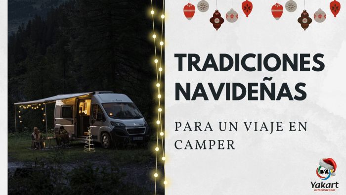 Imagen de una camper acampando en la naturaleza con un árbol de navidad de luz